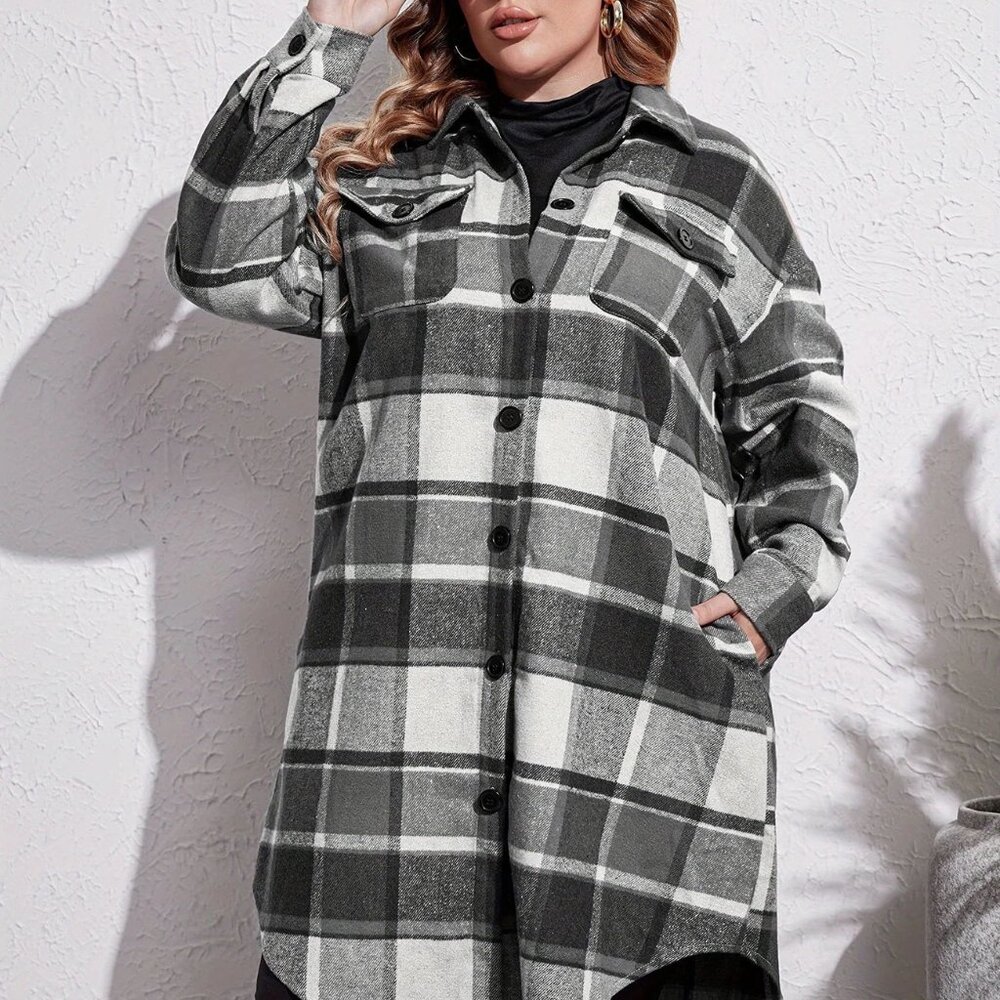 Womens Plus Size‎ Flannel Plaid Shirts Lounge Lapel Button Down Tartan Coats - Picture 2 of 4